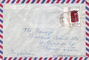 Timbres: ESCUDO DE CACERES EN CARTA CIRCULADA 1963 DE PORTALS NOUS (BALEARES) A INGLATERRA. RARO ORIGEN. MPM.